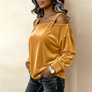 Women golden velvet off shoulder long sleeve top with stylish strap buckle details for autumn.