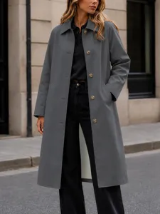 Manteau trench coat mi-long uni à revers simple boutonnage pour femmes élégant