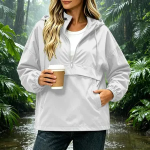 Women's waterproof hooded windbreaker jacket, solid color casual half-zip outerwear for autumn.