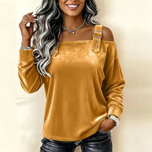 Close up view of women velvet off shoulder long sleeve top with metal buckle details chic style