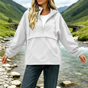 Women's solid color waterproof hooded windbreaker casual half-zip outdoor jacket top.