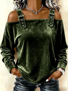 Women Off-Shoulder Long Sleeve Polyester Velvet Top With Buckle Strap Shoulder Patchwork Casual Solid Color Slim Fit T-Shirt Commuting Tee