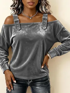 Stylish gray velvet off-the-shoulder long sleeve top with shoulder strap buckle details.