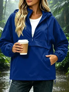 Women waterproof hooded windbreaker solid color zip up casual outdoor jacket rain coat