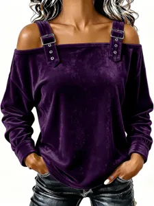 Purple velvet off-the-shoulder long-sleeve top with chic shoulder straps and metal buckle accents.