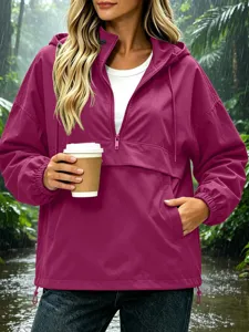 Women waterproof hooded windbreaker jacket solid color casual autumn outerwear with zipper pockets