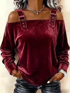 Burgundy velvet off-the-shoulder long sleeve top with chic buckle straps for women stylish daily wear