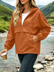 Women solid color zip waterproof hooded windbreaker jacket casual autumn outdoor coat