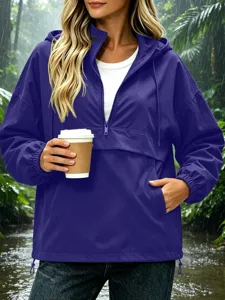 Women's purple waterproof hooded windbreaker jacket with half-zip casual outdoor wear.