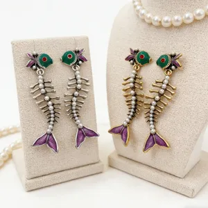 Vintage vis skelet oorbellen met parels emaille retro sieraden cadeau voor vrouwen