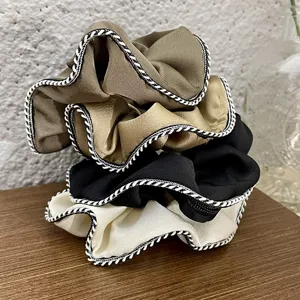 French vintage satin hair scrunchies with black white braided edge, elegant women ponytail holder.