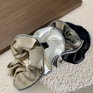 Retro French satin hair scrunchies set, elegant braided edge elastic pony tail holder for women.