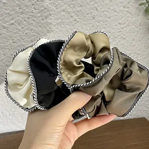 Retro satin hair scrunchies with white contrast stitched edge elegant women ponytail holder set
