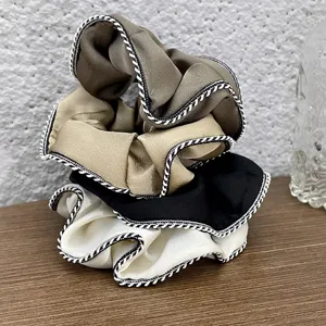 Retro French hair scrunchies set, chic black and white piped edge elastic hair bands for women.