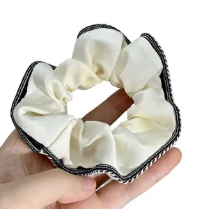 Vintage French style beige hair scrunchie with chic black white edge daily hair tie accessory