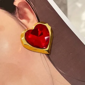 Vintage palace style red crystal heart earrings, luxury gold metal geometric jewelry for women.