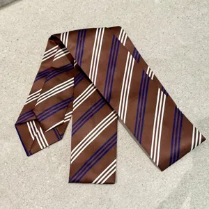 Corbata a rayas marrones para mujer, pañuelo estilo universitario, detalle chic de camisa.