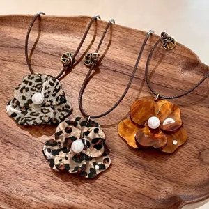 Leopard print pearl flower pendant necklace, unique stylish woven rope sweater chain for women.