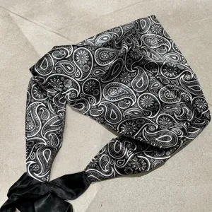 Black white paisley pattern silk-like triangle scarf, stylish wrap skirt accessory for spring.