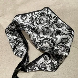 Black and white baroque celestial print silk-like scarf, versatile triangle kerchief.