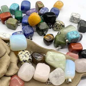 Natural crystal stone irregular square pendant set, colorful gemstone charm necklace accessories.