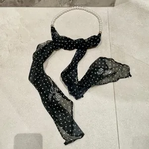 Chic black polka dot rose long silk scarf with pearl chain for women, elegant French ribbon.