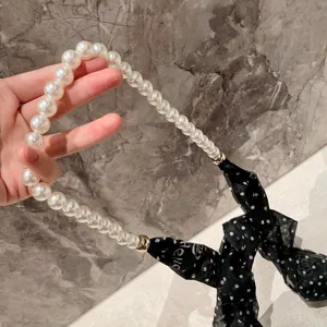 Chiffon polka dot scarf pearl necklace elegant women fashion neck accessory chic ribbon tie.
