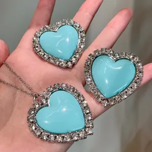 Ensemble collier boucles d'oreilles cœur bleu strass rétro vintage bijoux mode