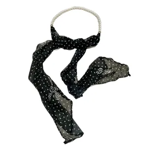 Elegant black polka dot rose scarf with pearl chain chic long neck ribbon for women wear