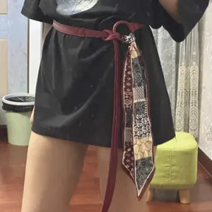Ceinture fine en cuir rétro pour femme avec accessoire foulard imprimé pour décoration de taille
