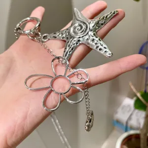 Y2K silver star flower necklace sweet cool keychain bag charm metal pendant jewelry accessory