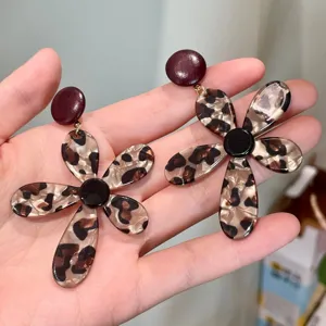 Leopard print flower drop earrings unique design statement acrylic jewelry for women fashion.