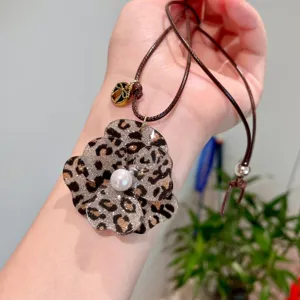 Leopard print flower pearl pendant necklace bohemian unique braided rope sweater chain