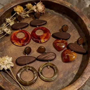 Βίντατζ Ξύλινα Ρητίνης Γεωμετρικά Κρεμαστά Σκουλαρίκια Καρφίτσα από Ασήμι 925 Κούφια Στρογγυλή Καρδιά Σταγόνα Κοσμήματα για Γυναίκες