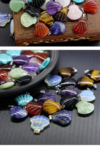 Natuerlicher Kristall Stein geschnitzter Muschel Anhänger 20mm Tigerauge Amethyst Kette