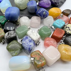 Assorted natural crystal square pendants, colorful gemstone charms for DIY necklace making.