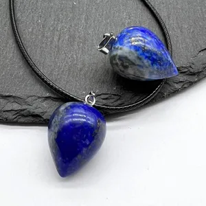 Natural lapis lazuli teardrop crystal stone pendant necklace with black cord for women.