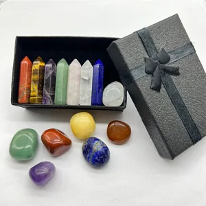 Natural crystal stone hexagonal column and irregular tumble stones set gift box detail view.