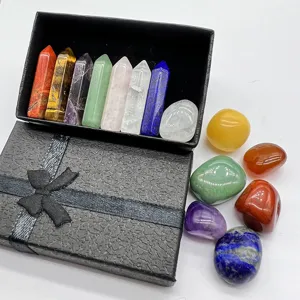 Natural crystal healing stone set with 7 hexagonal pillars and 7 tumbled stones gift box.