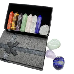 Natural crystal healing stone set with 7 hexagonal pillars and irregular tumbled stones in gift box