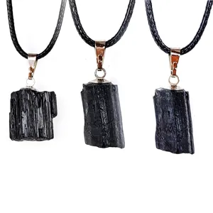 Natural black tourmaline rough stone pendant necklace, raw crystal gemstone jewelry for women.
