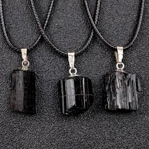Natural black tourmaline rough stone pendant necklace, irregular crystal column crystal jewelry.