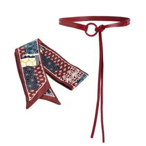 Ceinture fine en cuir rouge pour femme avec foulard patchwork décoratif accessoire rétro