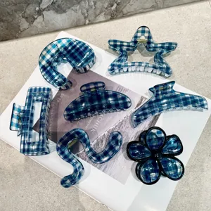 Blue plaid hair claw clips set, stylish resin shark clips for daily hair styling and updos.