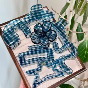 Blue Plaid Acrylic Hair Claw Geometric Flower Hair Clip Minimalist Hair Styling Accessories For Women Daily Hair Catch