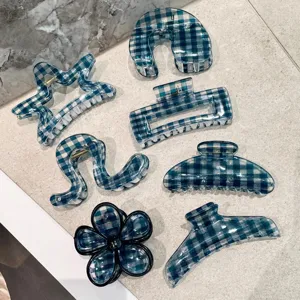 Blue plaid hair claw clip set, stylish acrylic shark clips for women and daily hairstyles.