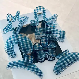 Blue plaid hair claw clips set cute acrylic geometric shark clips for women hair styling accessories