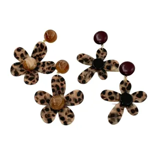 Leopard print flower earrings, trendy acrylic resin unique design exaggerated fashion jewelry.