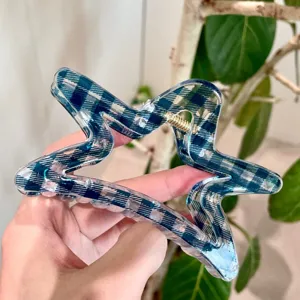 Blue plaid star hair claw clip minimalist elegant hair accessory for everyday styling