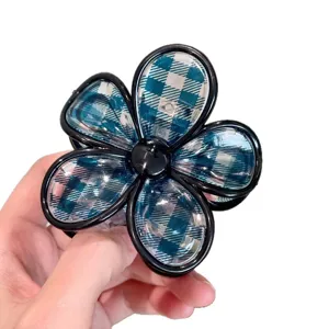 Blue plaid flower hair claw clip stylish hair accessory for women daily wear elegant design